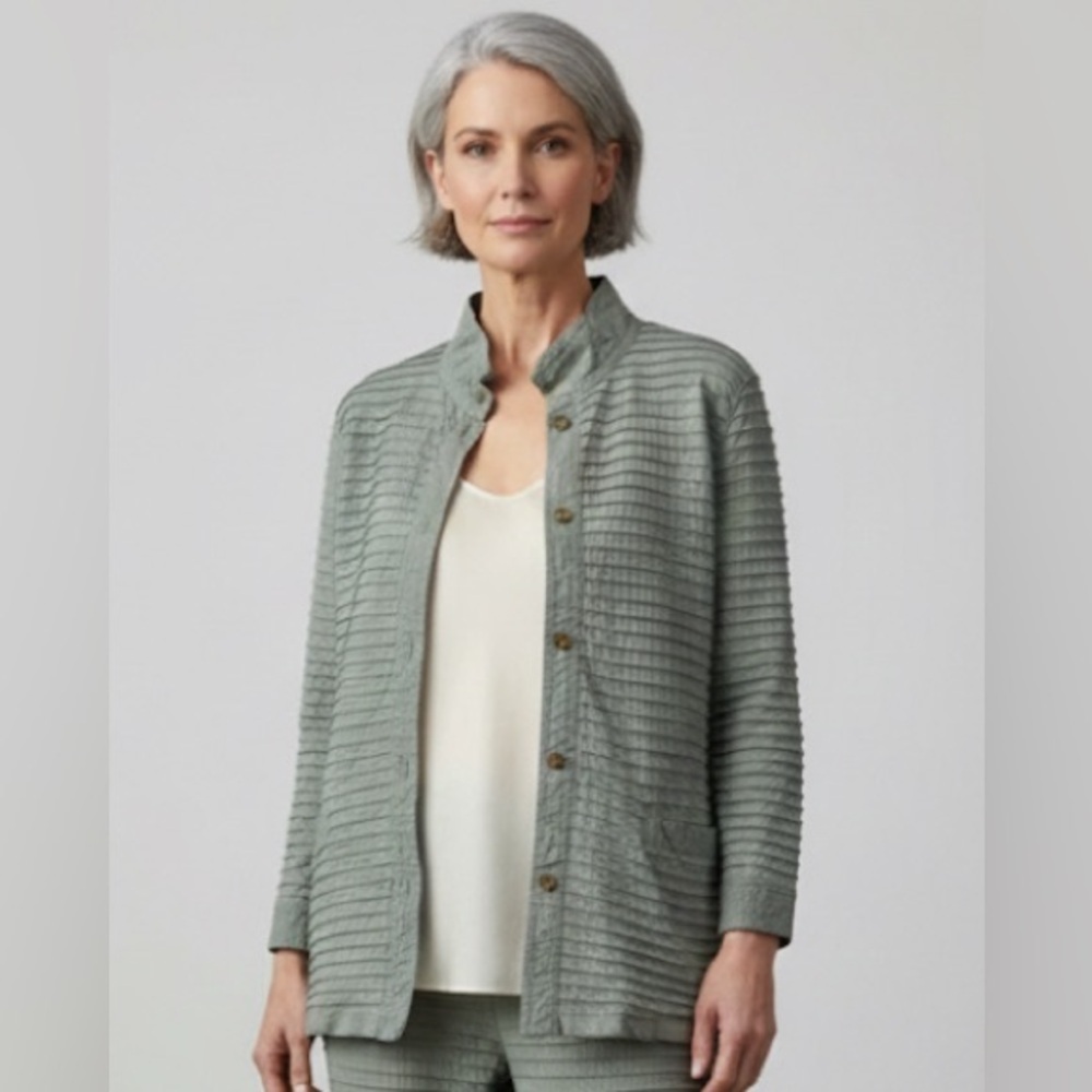 Yacco Maricard Pintuck Stand Collar Shirt Jacket Lagenlook Tunic |Sage Green